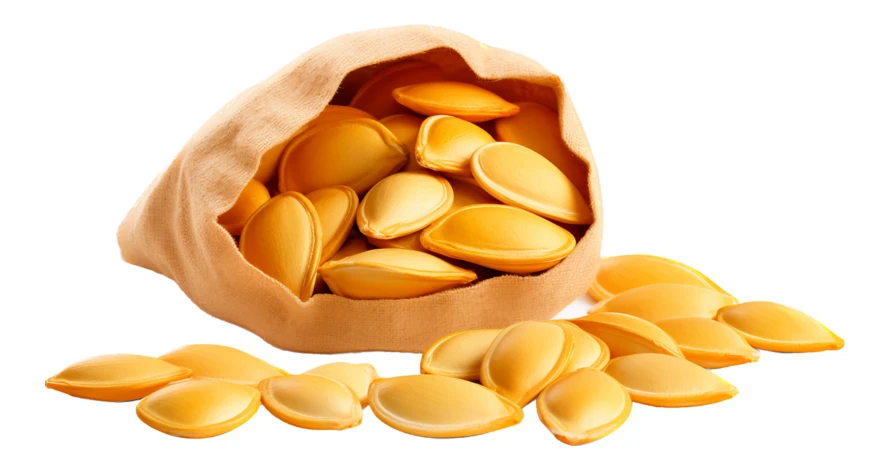 Pumpkin seeds in a burlap sack on white background