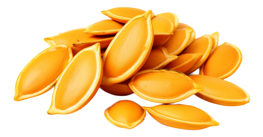 Heap of orange pumpkin seeds isolated on white background
