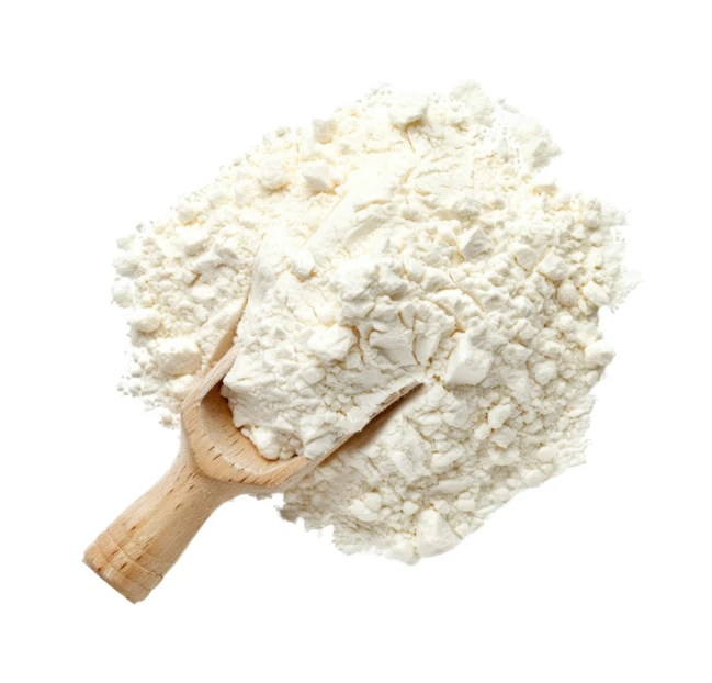 Pile of white wheat flour with wooden scoop on white background