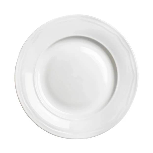 Empty white ceramic plate top view isolated on white