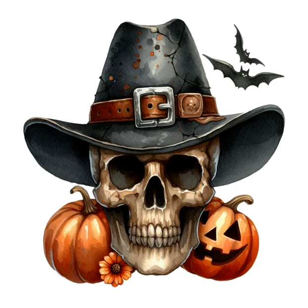 Watercolor Halloween skull wearing a witch hat with pumpkins