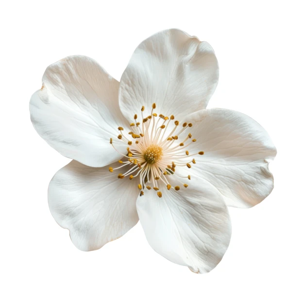 Single white mock orange flower isolated on white background