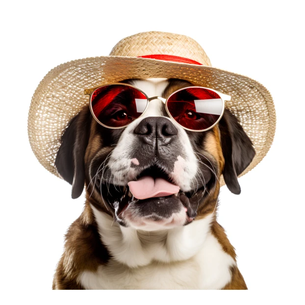 Funny Saint Bernard dog wearing straw hat and sunglasses