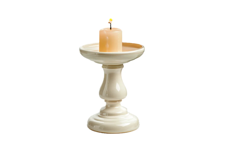 Cream ceramic candle holder with lit candle on white background