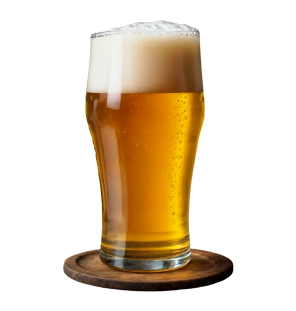 Cold glass of beer with foam on wooden coaster