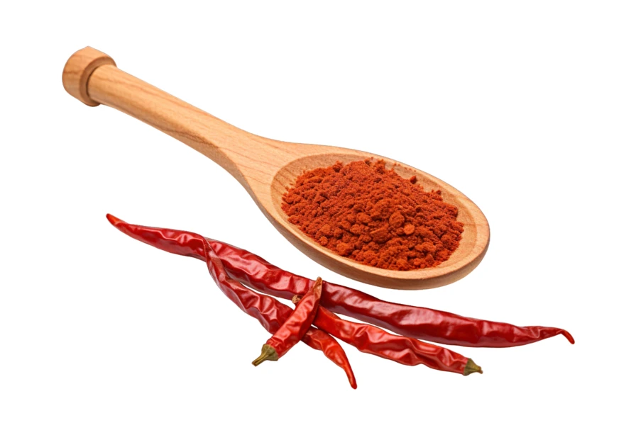 Red chili powder in wooden spoon with dried peppers