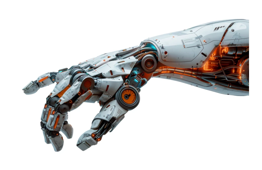 Futuristic robotic hand with glowing orange circuitry