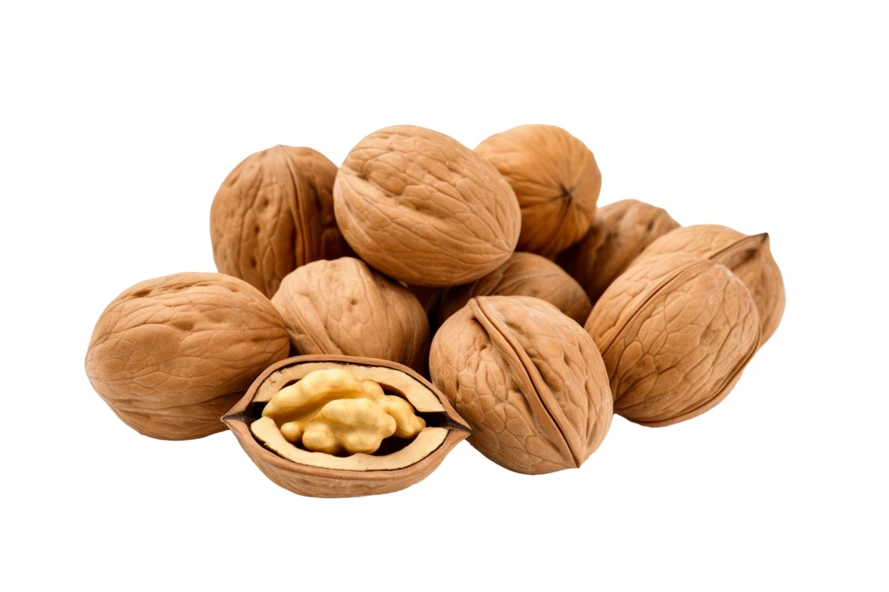 Pile of whole walnuts with one cracked open on white