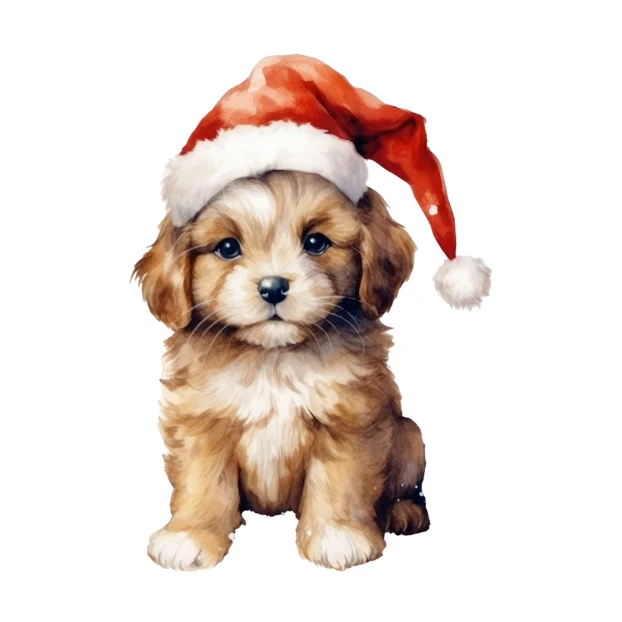 Watercolor illustration of a cute puppy wearing a Santa hat