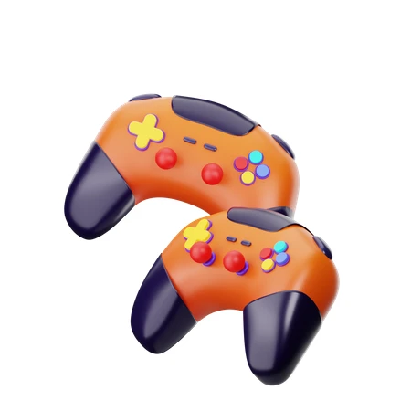 Two 3D stylized orange game controllers on white background