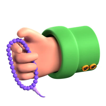 3D cartoon hand holding purple prayer beads