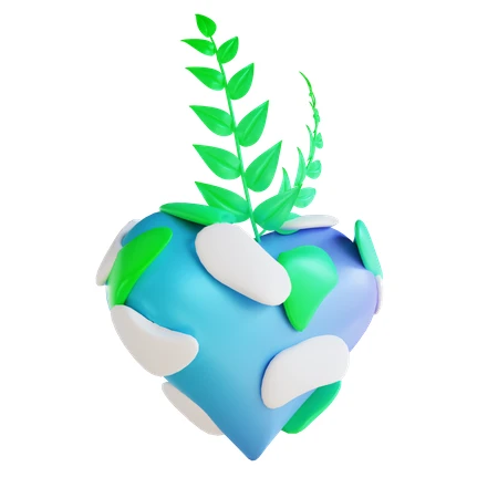 3D stylized heart shaped planet earth with green plant