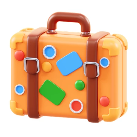 3D cartoon orange travel suitcase with stickers and straps