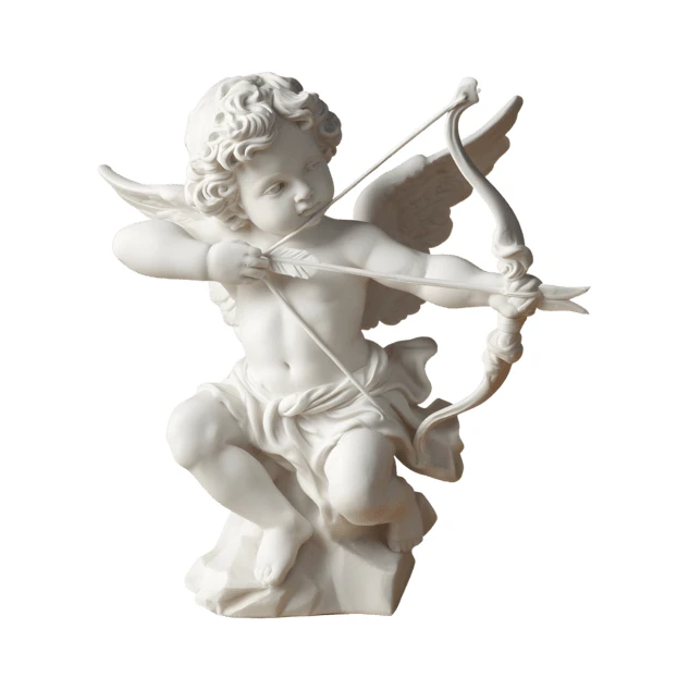 White marble Cupid statue with bow and arrow