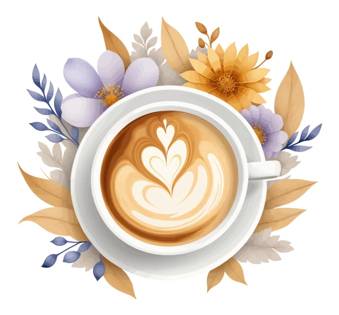 Coffee cup with heart latte art and watercolor flowers