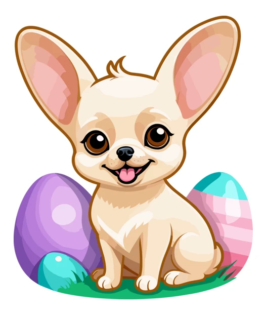 Cute cartoon chihuahua puppy sitting with colorful Easter eggs