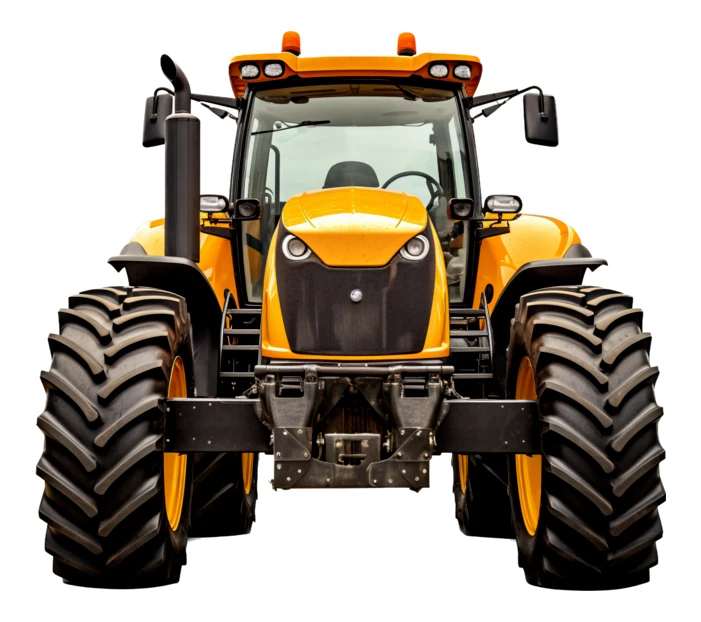 Modern yellow agricultural tractor front view isolated on white