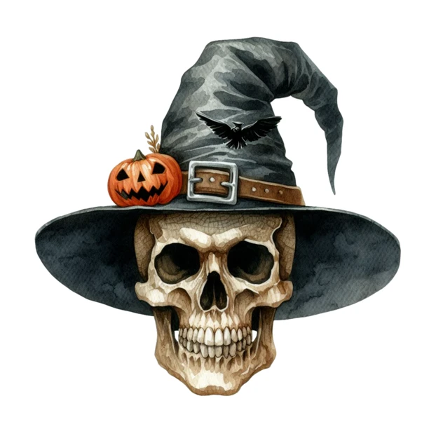 Watercolor skull wearing a witch hat with pumpkin and raven
