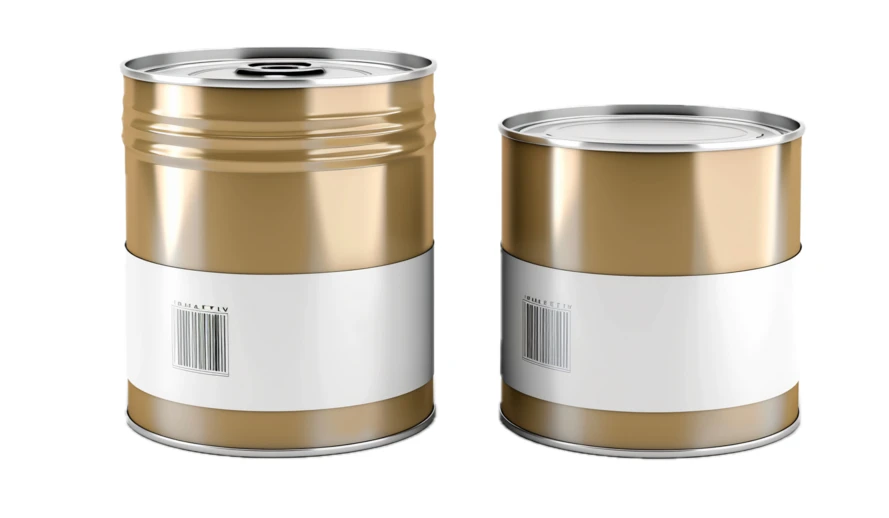 Two gold metal cans with white labels and barcodes