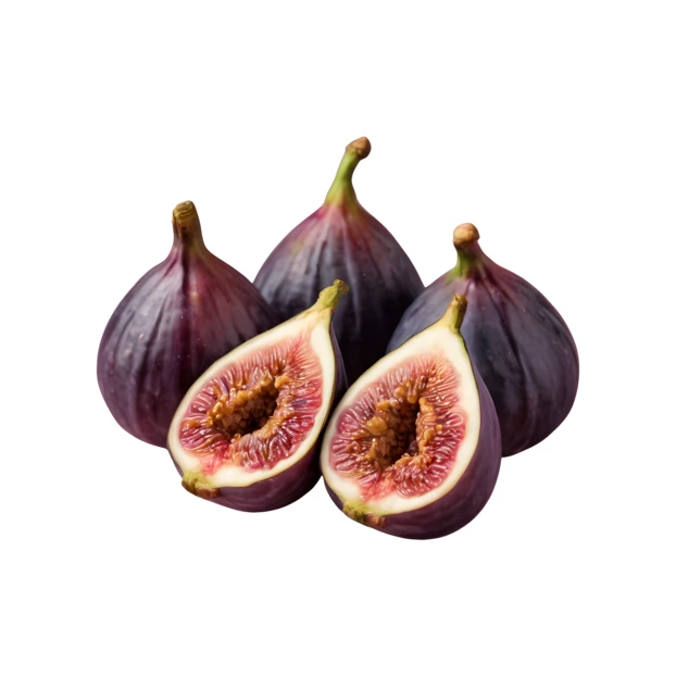 Fresh whole and halved purple figs isolated on white background