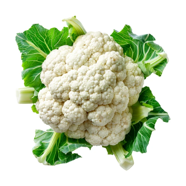 Fresh cauliflower head with green leaves on white background