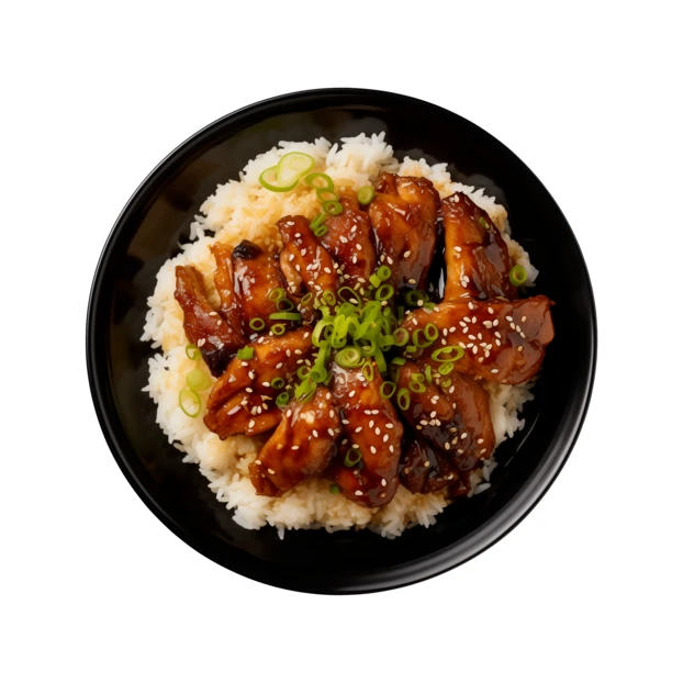 Chicken teriyaki bowl with white rice isolated on white