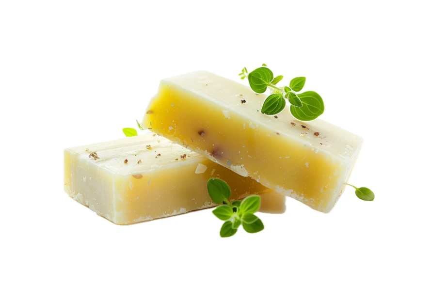 Handmade natural herbal soap bars with fresh oregano isolated