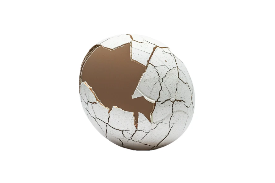 Cracked white eggshell revealing brown inner shell on white background