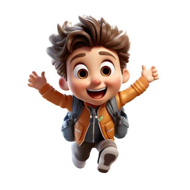 3D cartoon boy with backpack jumping excitedly on white background