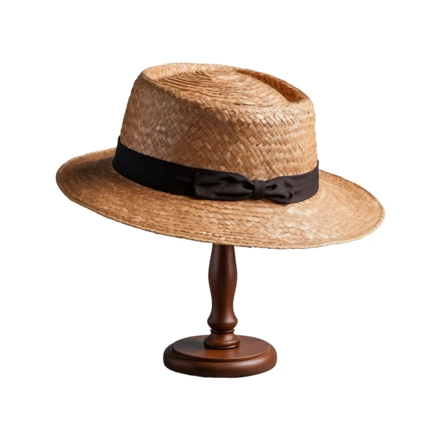 Classic straw boater hat on wooden stand white background