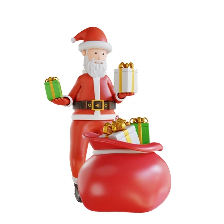 3D Santa Claus holding gifts with a large red sack