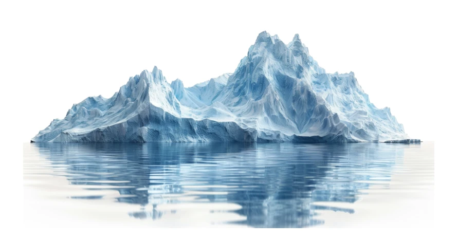 Large blue iceberg floating in water isolated on white