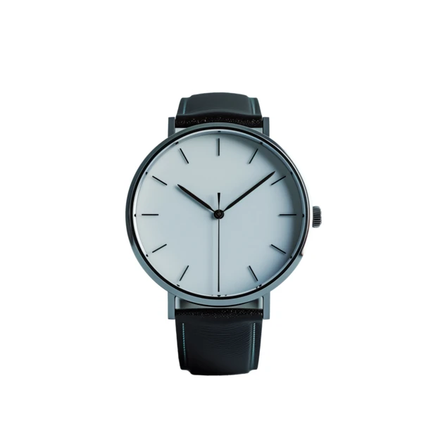 Minimalist wristwatch with black leather strap on white background