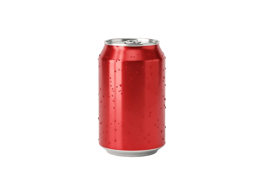 Red aluminum soda can with water droplets on white background