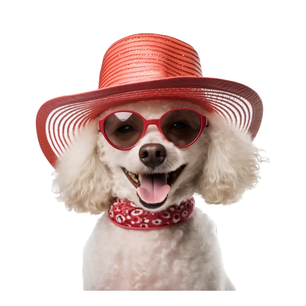 Happy white poodle wearing red sun hat and sunglasses