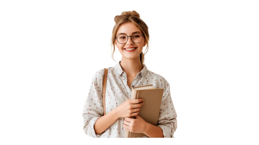 Smiling young female student holding books on white background