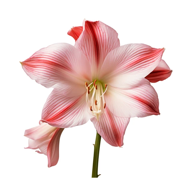 Pink and white striped amaryllis flower on white background