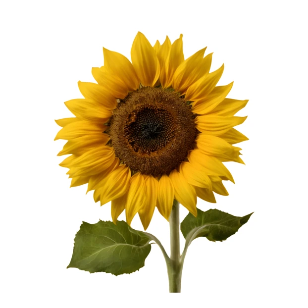 Single blooming sunflower with stem and leaves on white background