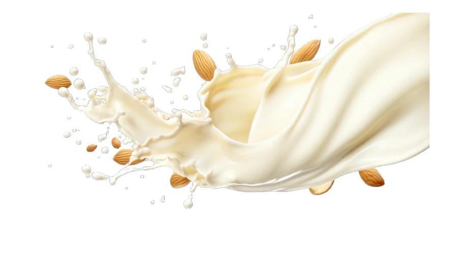 Dynamic almond milk splash with whole nuts on white background