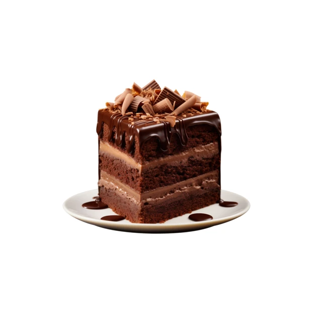 Rich chocolate layer cake slice with shavings on white background