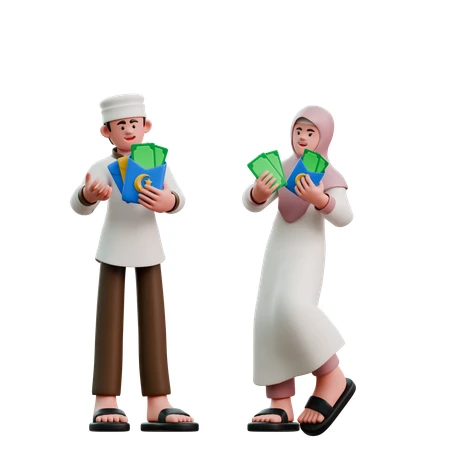 A couple holding green envelopes with money
