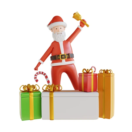 3D Santa Claus ringing bell with Christmas gift boxes