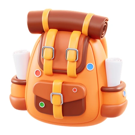 3D stylized orange hiking backpack with travel gear