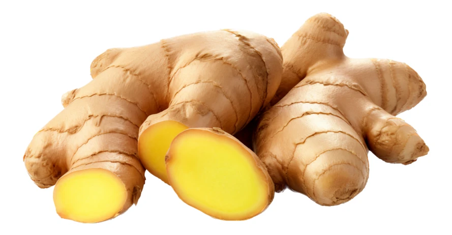 Fresh ginger root with slices on white background