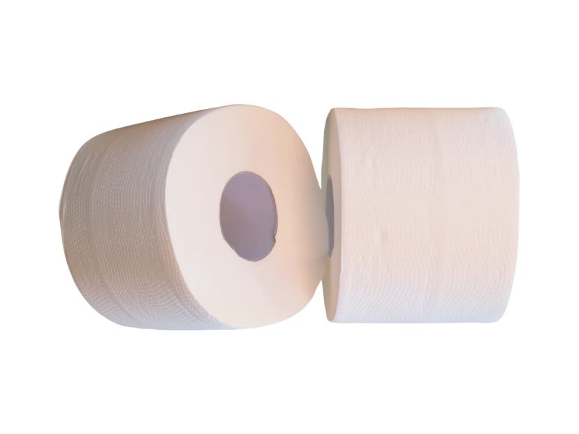 Two soft white toilet paper rolls on white background