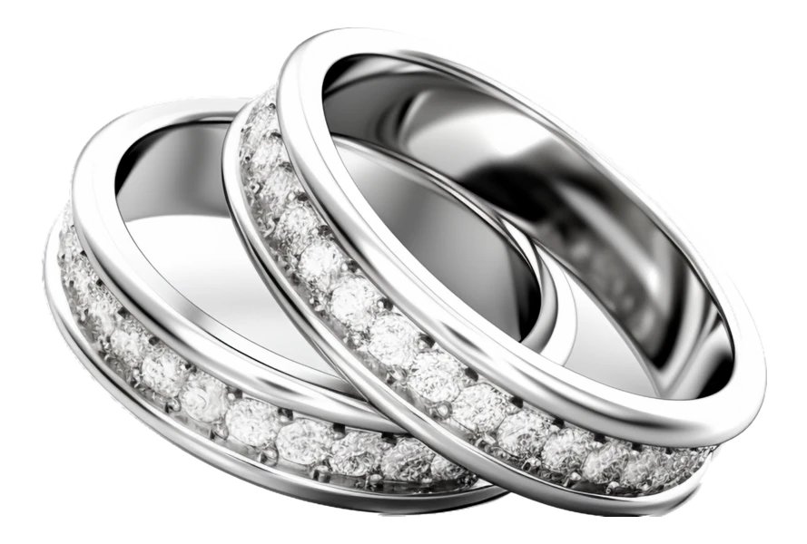 Two platinum diamond eternity wedding bands on white background