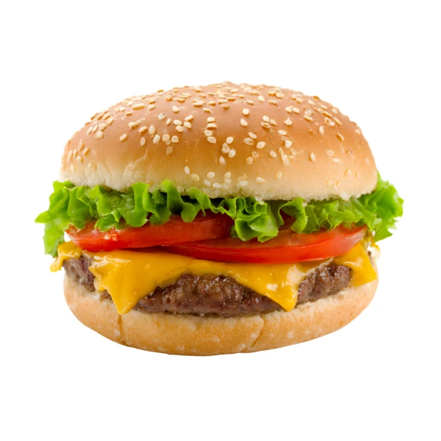 Classic cheeseburger with lettuce and tomato on white background