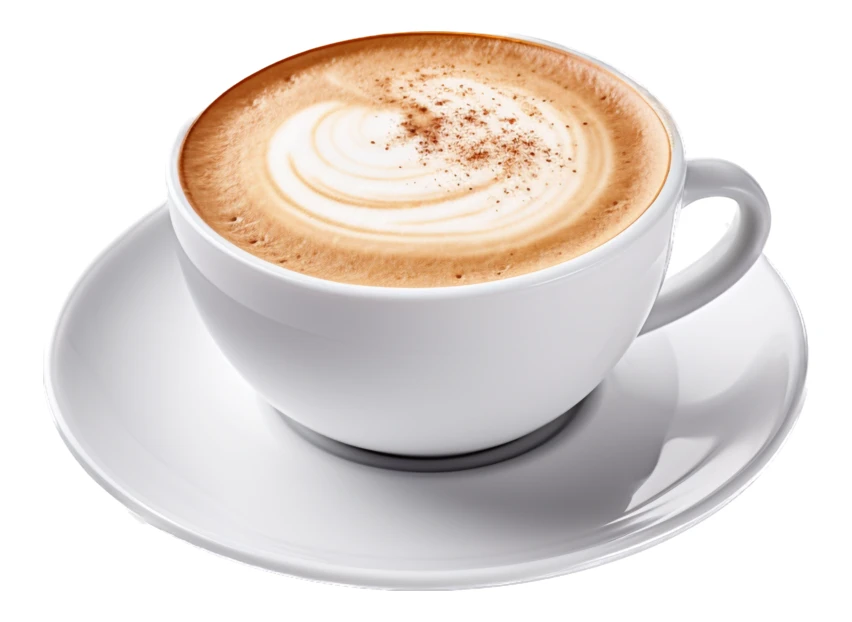 Hot cappuccino with latte art in white cup isolated