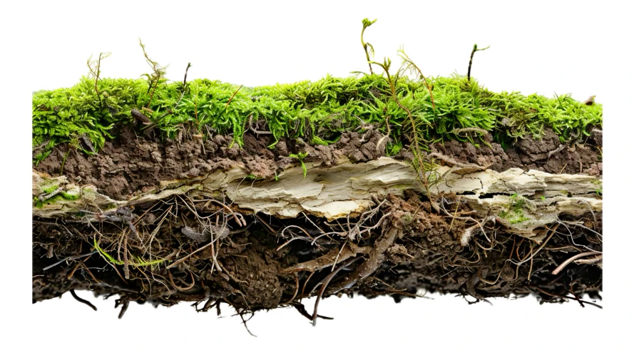Cross-section of mossy forest floor with roots and soil