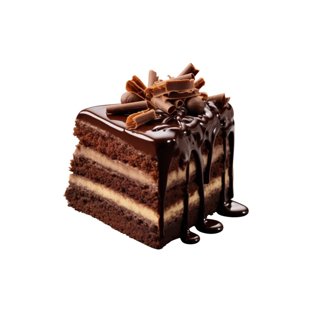 Slice of chocolate layer cake with dripping glaze
